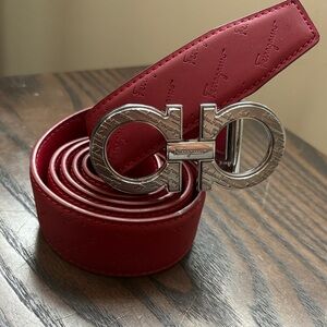 Salvatore Ferragamo Embossed Red Belt with Silver Buckle